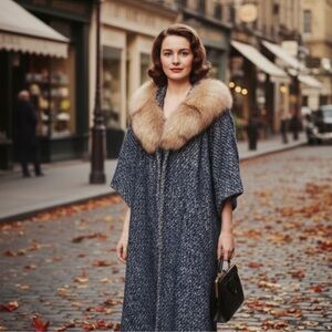 Vintage Elegant Blue Cape with Luxurious Fur Collar